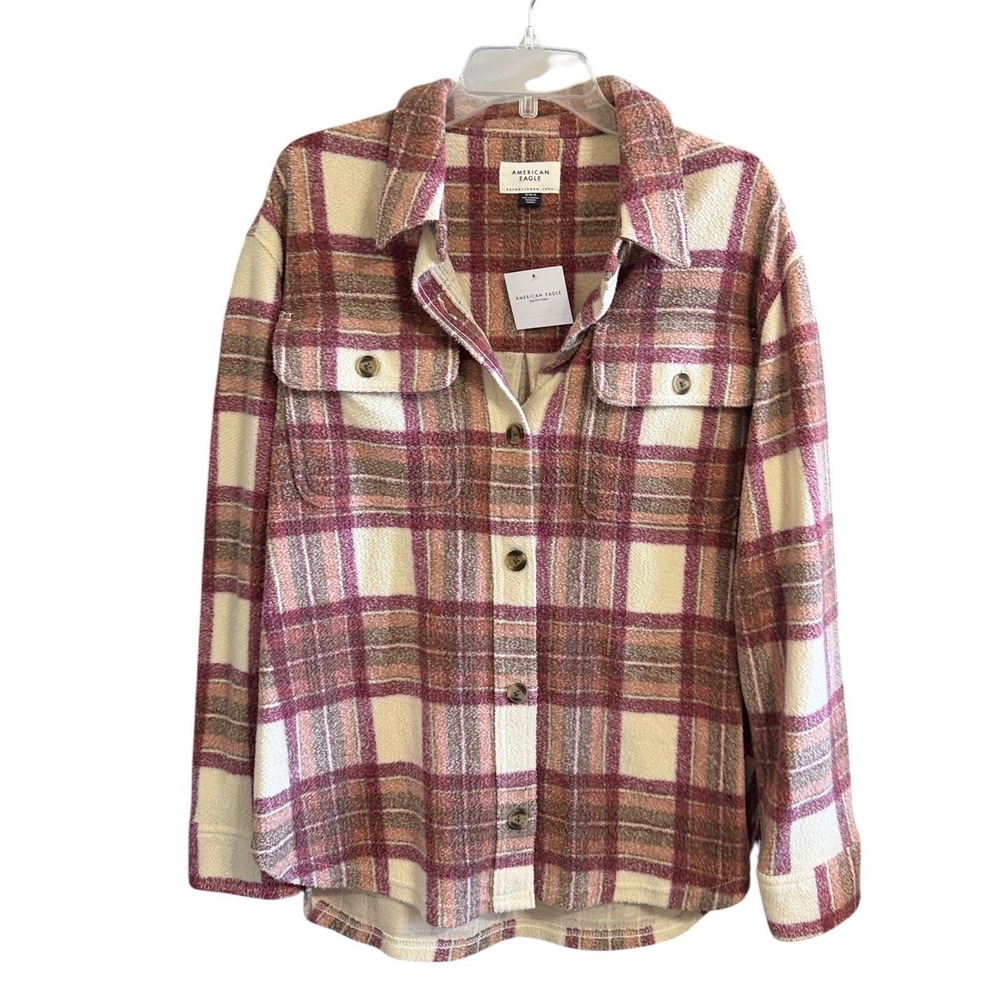 American Eagle Mens‎ Plaid Flannel Shirt Jacket Burgundy Cream Tan Size M NWT